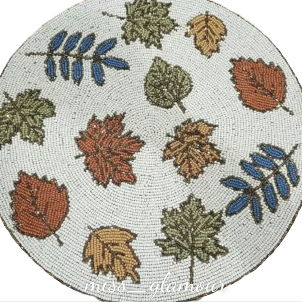 x2 NWT Sigrid Olsen Home Fall Leaves Autumn Beaded Charger Placemat Round 15"